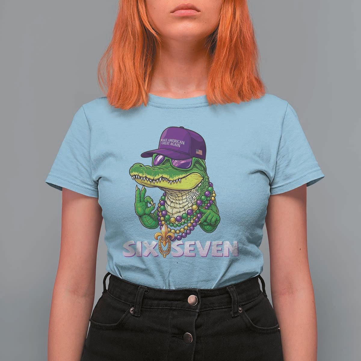 Mardi Gras Alligator T Shirt For Women Funny Six Seven MAGA Political Meme