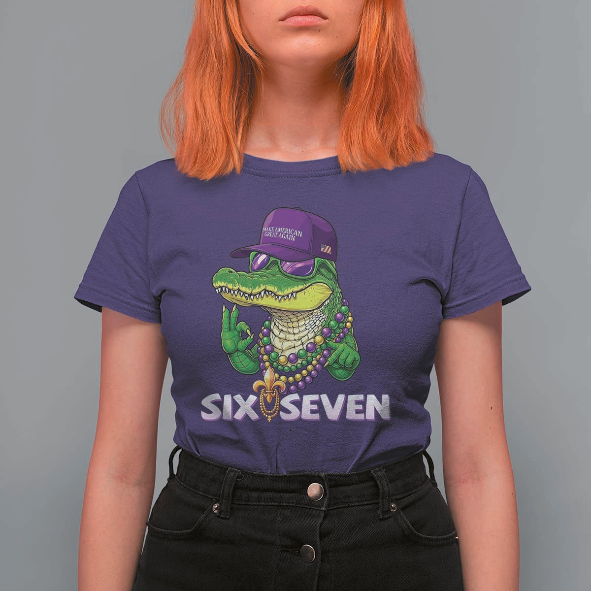 Mardi Gras Alligator T Shirt For Women Funny Six Seven MAGA Political Meme