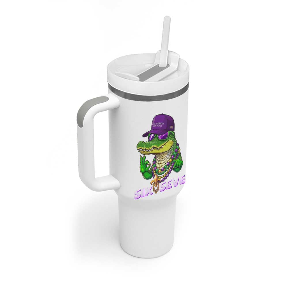 Mardi Gras Alligator Tumbler With Handle Funny Six Seven MAGA Political Meme