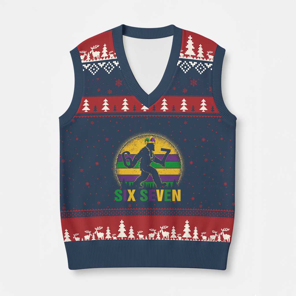 Mardi Gras Bigfoot V-Neck Knit Sweater Vest Funny Six Seven Meme Carnival Trendy