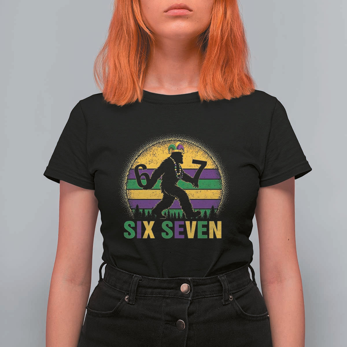 Mardi Gras Bigfoot T Shirt For Women Funny Six Seven Meme Carnival Trendy