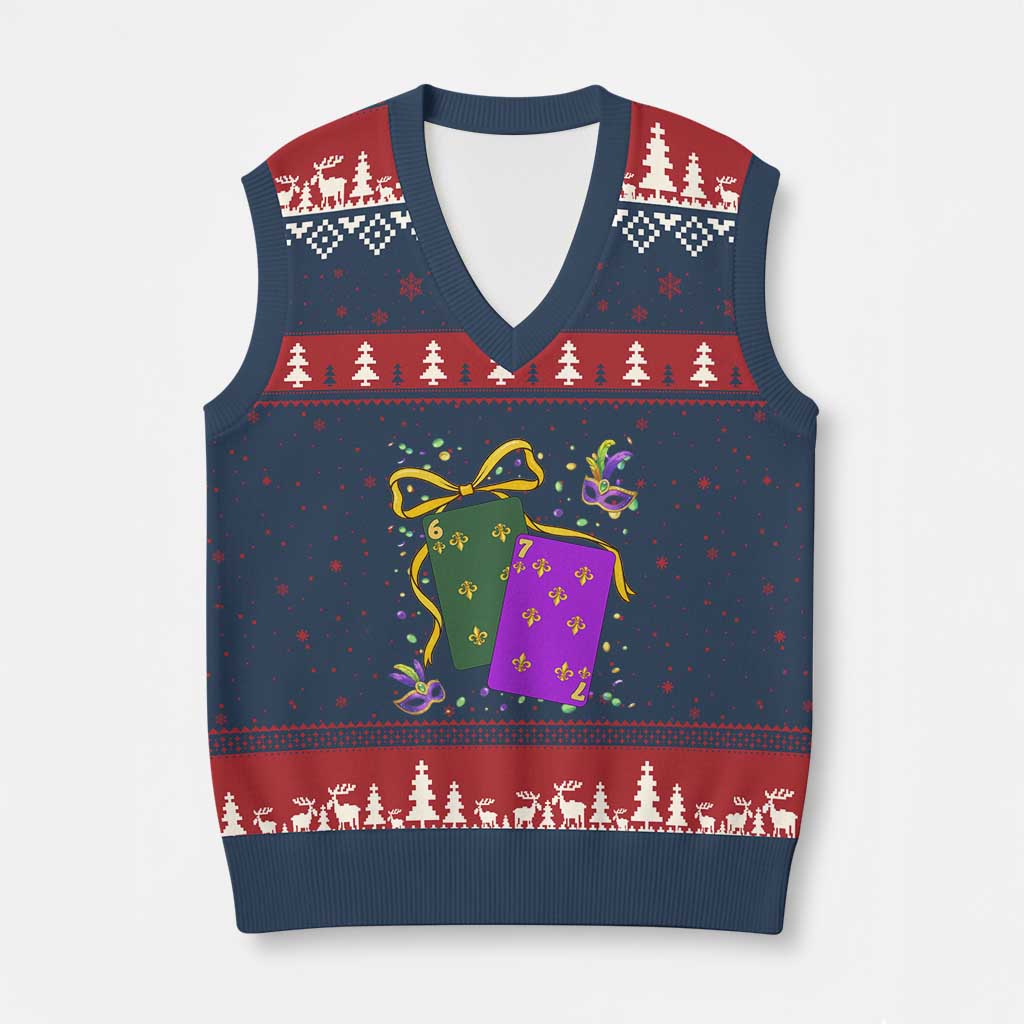 67 Mardi Gras V-Neck Knit Sweater Vest Funny Six Seven Playing Cards Meme