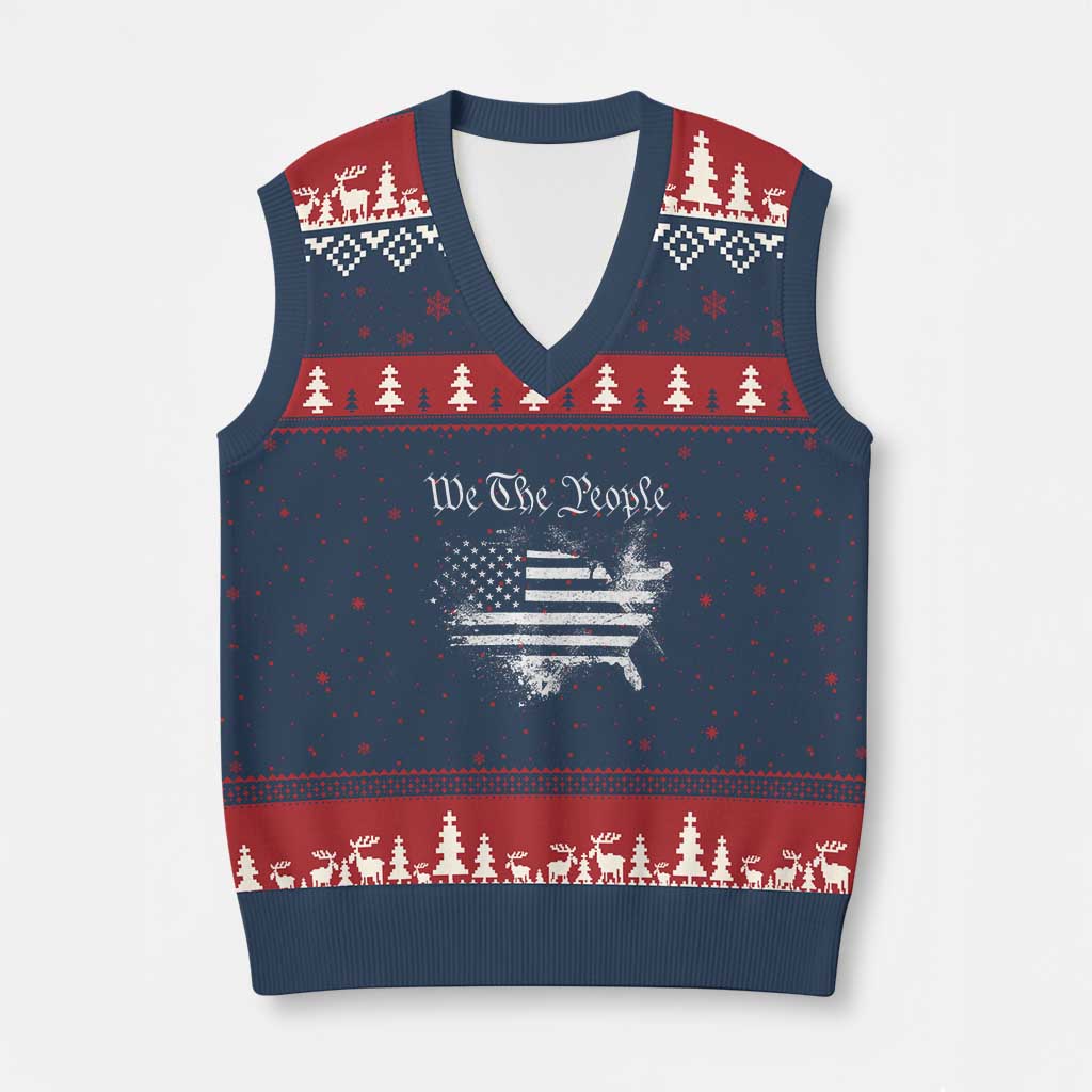 We The People V-Neck Knit Sweater Vest Vintage Grunge American Flag 4th of July 1776