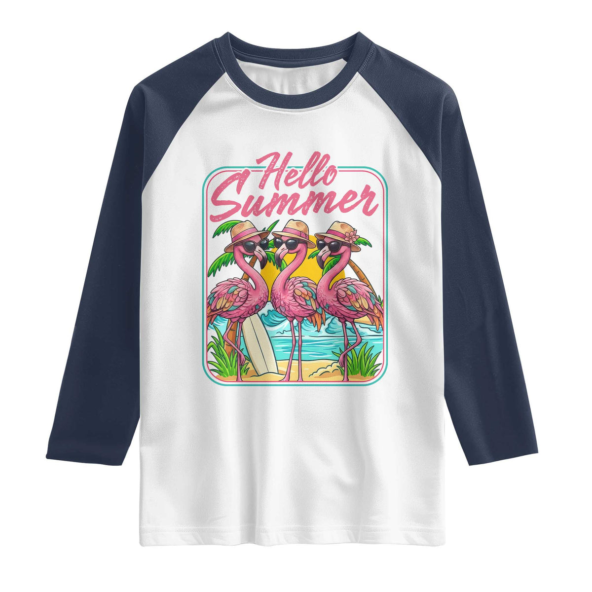 Summer Flamingo Pink Raglan Shirt Tropical Palm Tree Beach Vacation