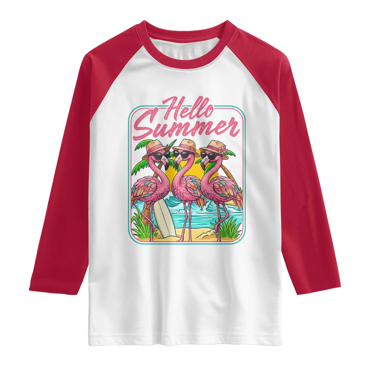 Summer Flamingo Pink Raglan Shirt Tropical Palm Tree Beach Vacation