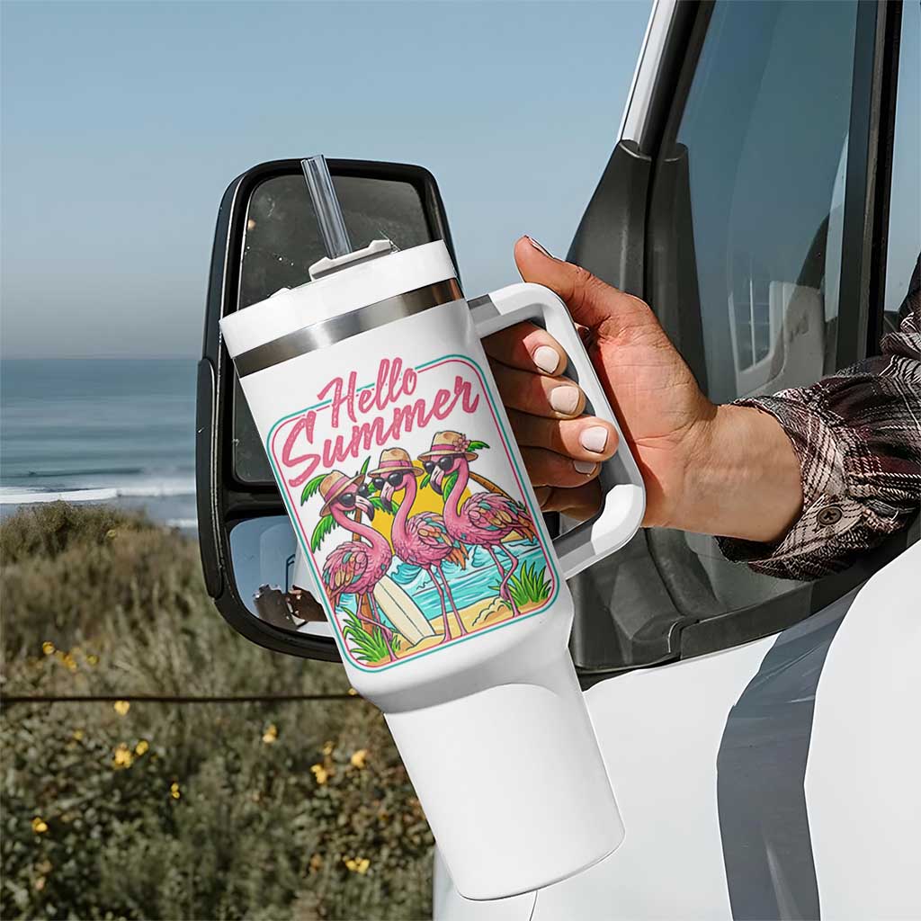 Summer Flamingo Pink Tumbler With Handle Tropical Palm Tree Beach Vacation
