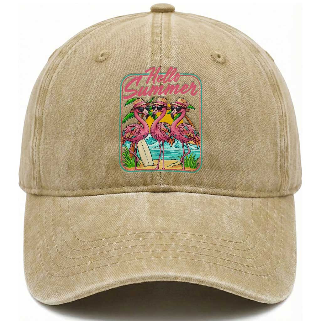 Summer Flamingo Pink Washed Cotton Baseball Cap Tropical Palm Tree Beach Vacation