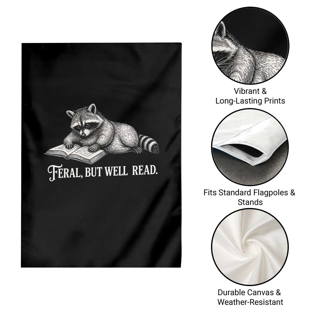 Feral But Well Read Garden Flag Funny Raccoon Reading Book Lover