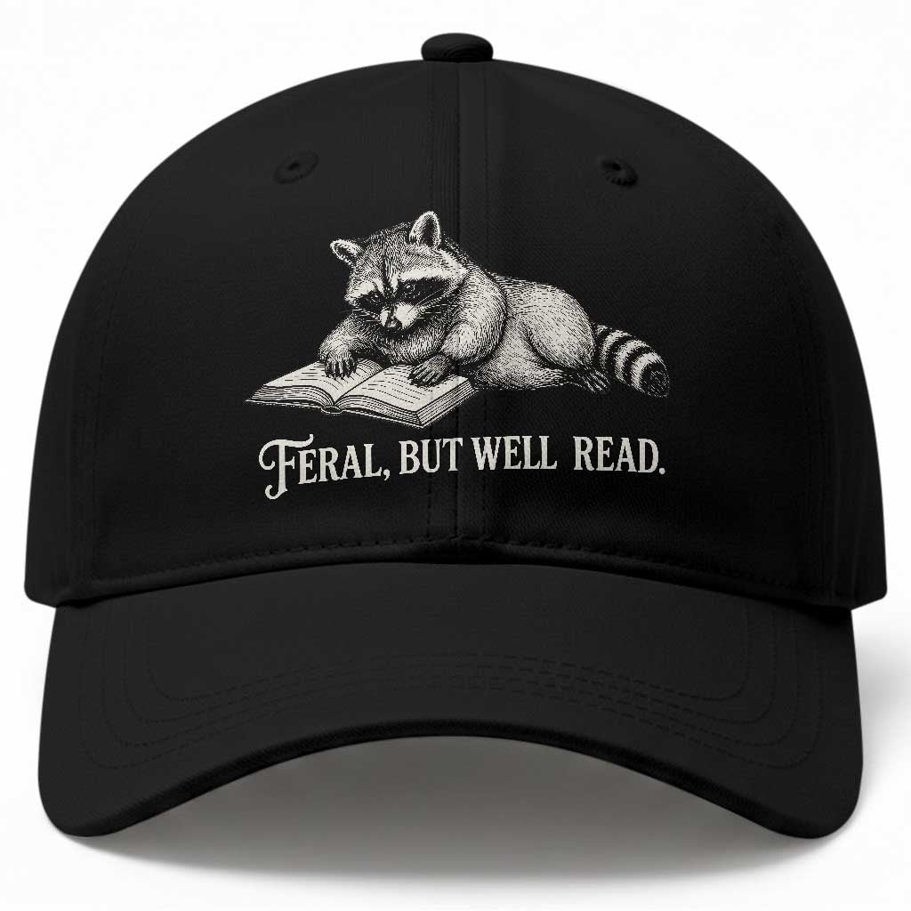 Feral But Well Read Baseball Cap Funny Raccoon Reading Book Lover