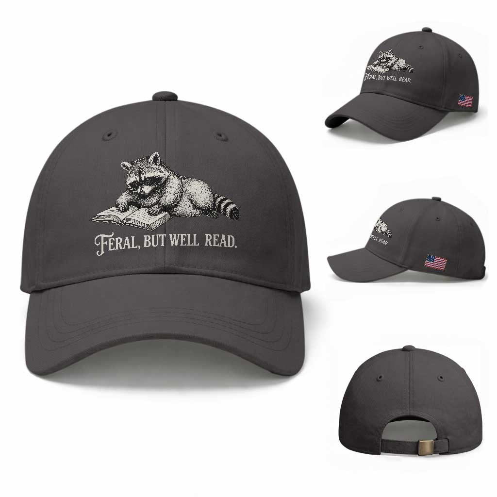 Feral But Well Read Baseball Cap Funny Raccoon Reading Book Lover