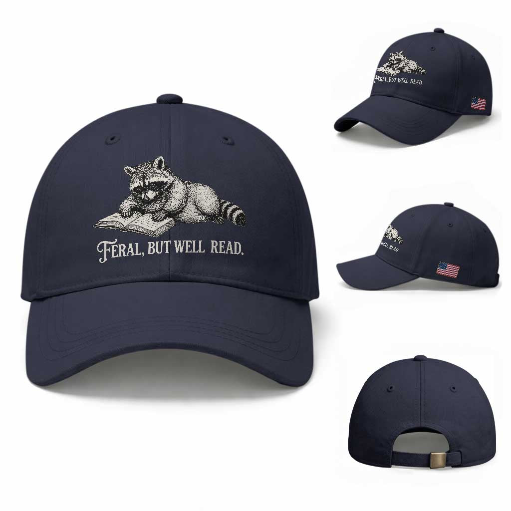 Feral But Well Read Baseball Cap Funny Raccoon Reading Book Lover