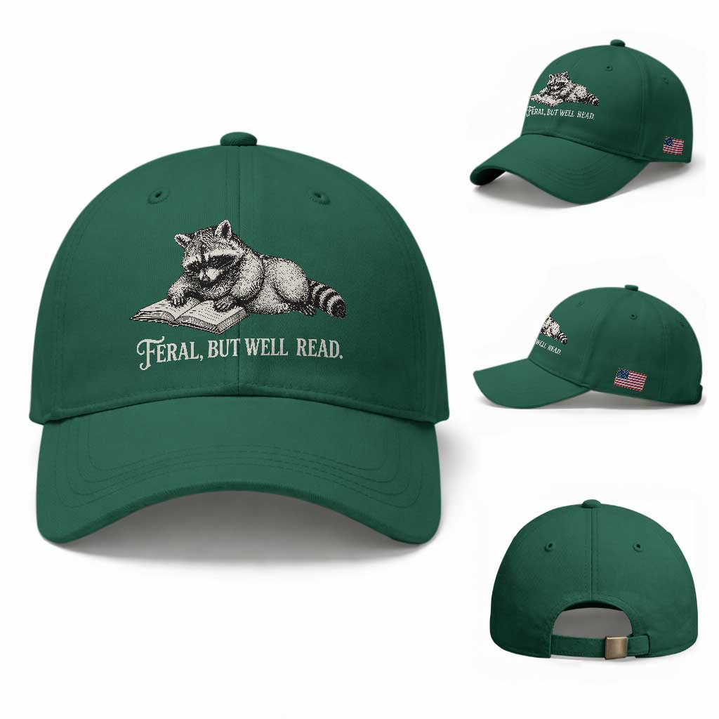 Feral But Well Read Baseball Cap Funny Raccoon Reading Book Lover