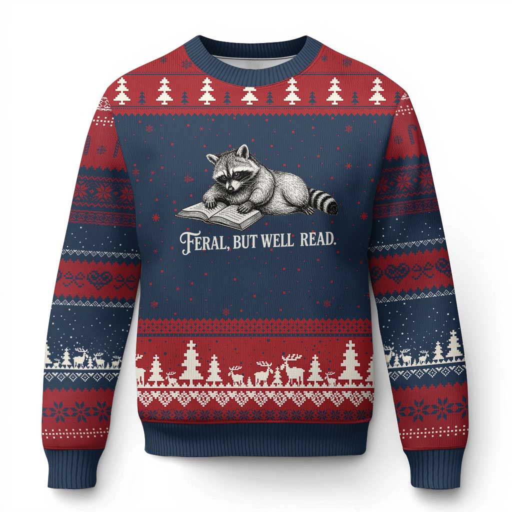 Feral But Well Read Ugly Christmas Sweater Funny Raccoon Reading Book Lover