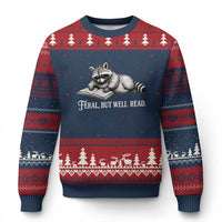Feral But Well Read Ugly Christmas Sweater Funny Raccoon Reading Book Lover