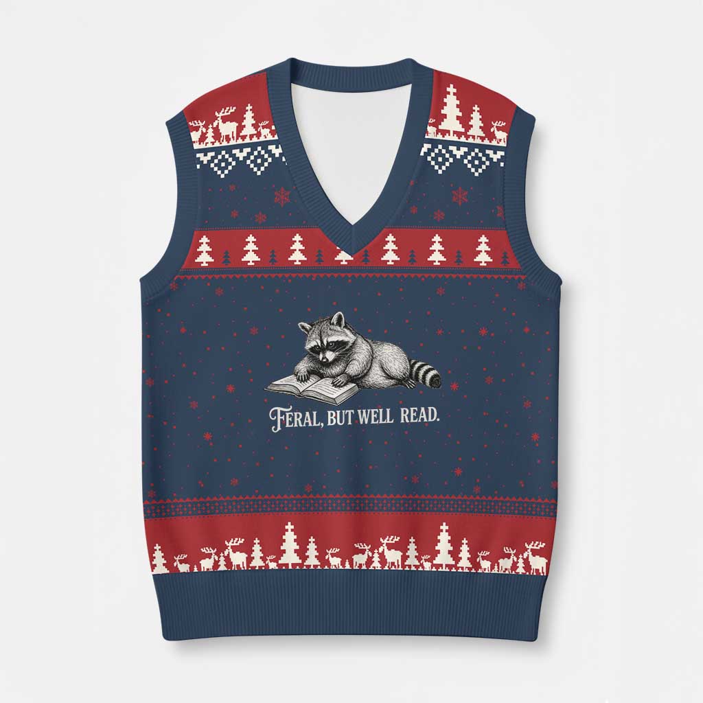 Feral But Well Read V-Neck Knit Sweater Vest Funny Raccoon Reading Book Lover