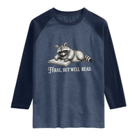 Feral But Well Read Raglan Shirt Funny Raccoon Reading Book Lover