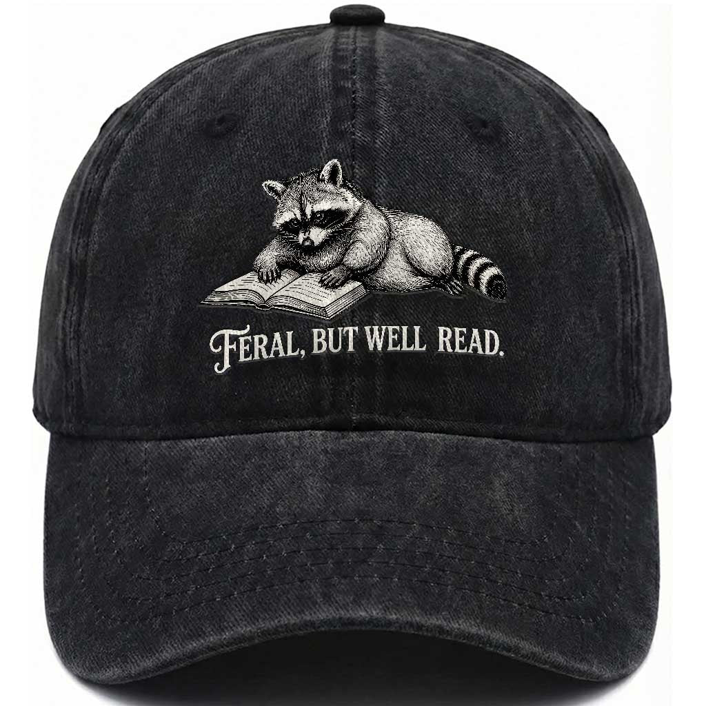 Feral But Well Read Washed Cotton Baseball Cap Funny Raccoon Reading Book Lover