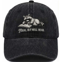 Feral But Well Read Washed Cotton Baseball Cap Funny Raccoon Reading Book Lover