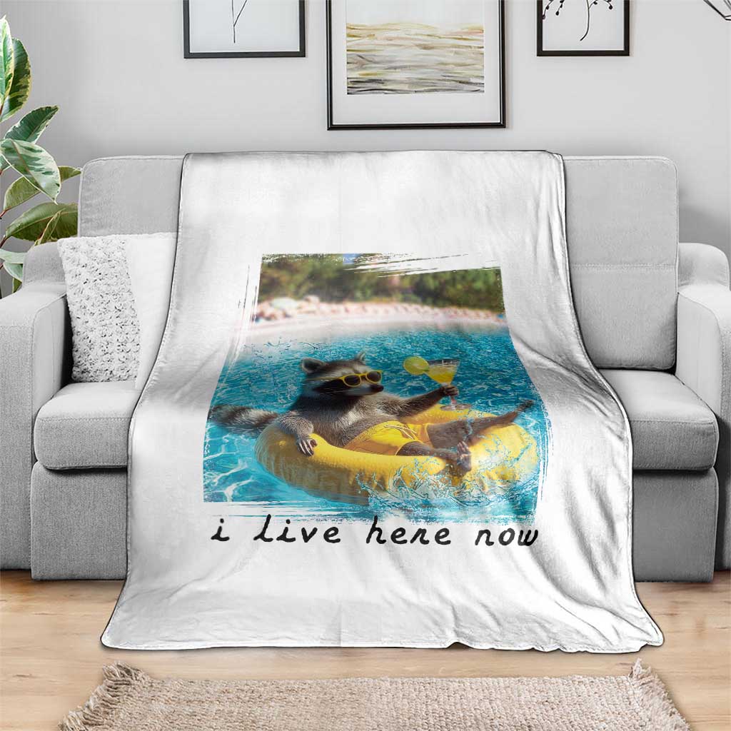 I Live Here Now Raccoon Throw Blanket Funny Summer Vacation Meme