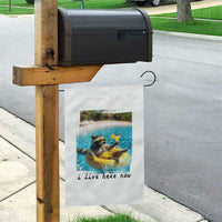 I Live Here Now Raccoon Garden Flag Funny Summer Vacation Meme
