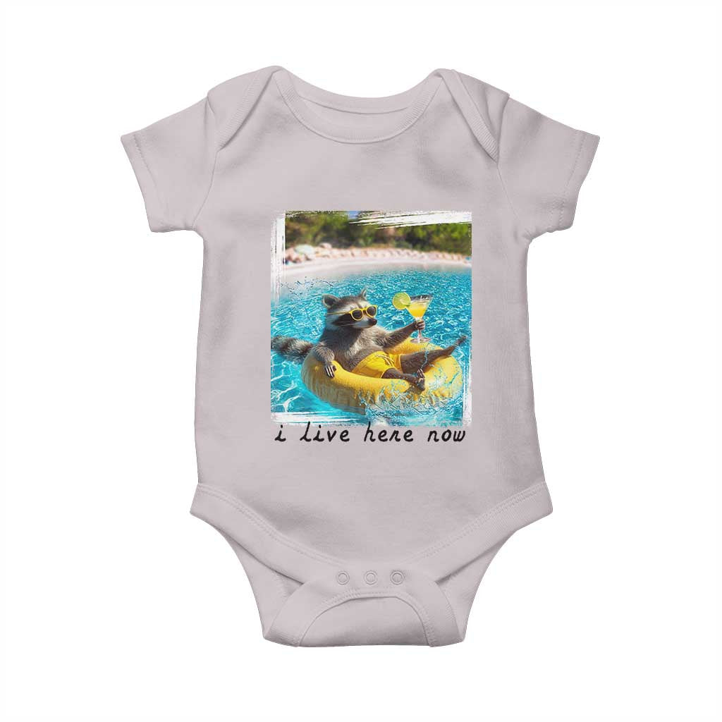 I Live Here Now Raccoon Baby Onesie Funny Summer Vacation Meme