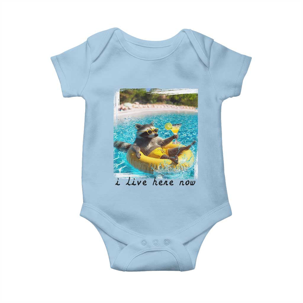 I Live Here Now Raccoon Baby Onesie Funny Summer Vacation Meme