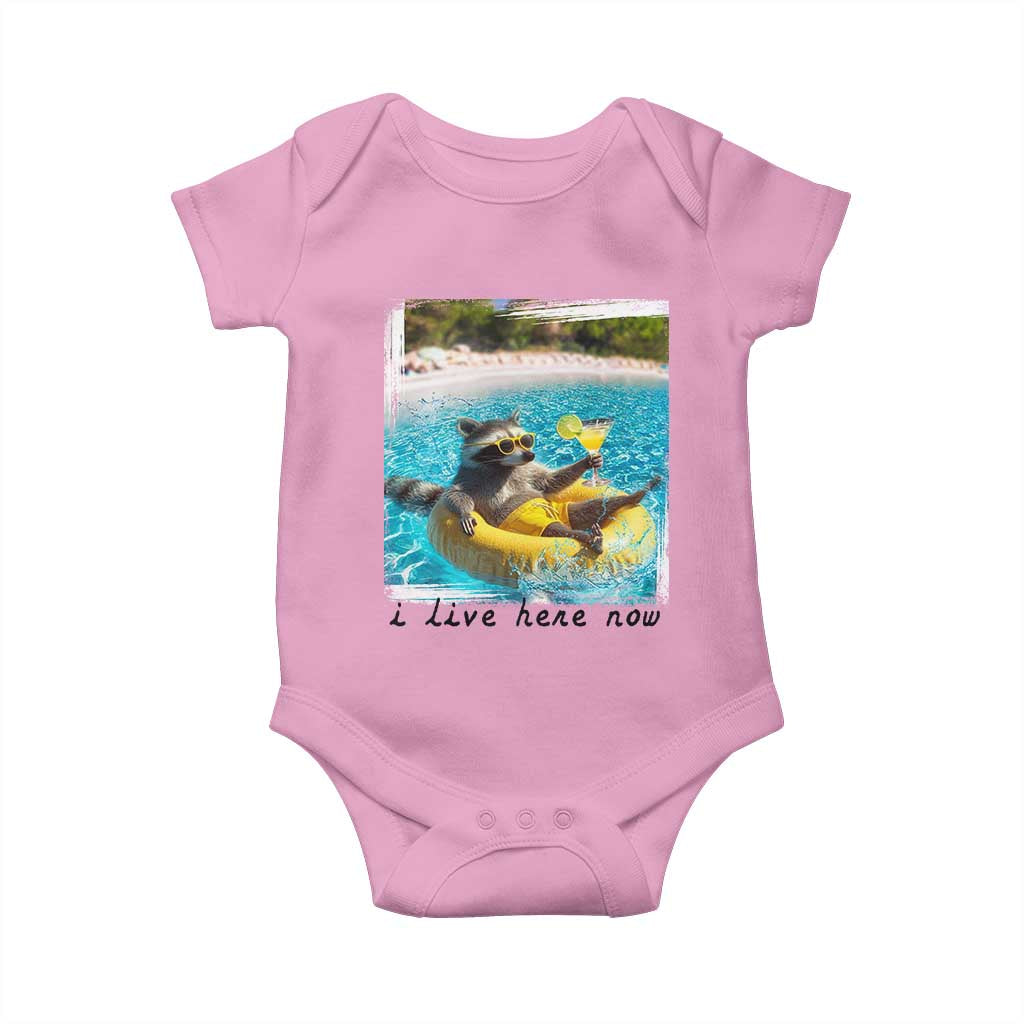 I Live Here Now Raccoon Baby Onesie Funny Summer Vacation Meme