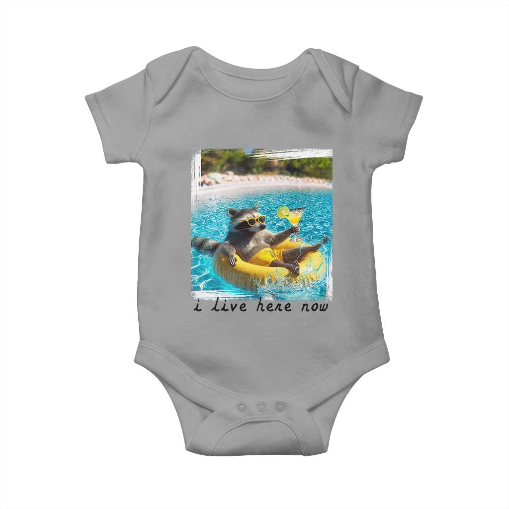 I Live Here Now Raccoon Baby Onesie Funny Summer Vacation Meme