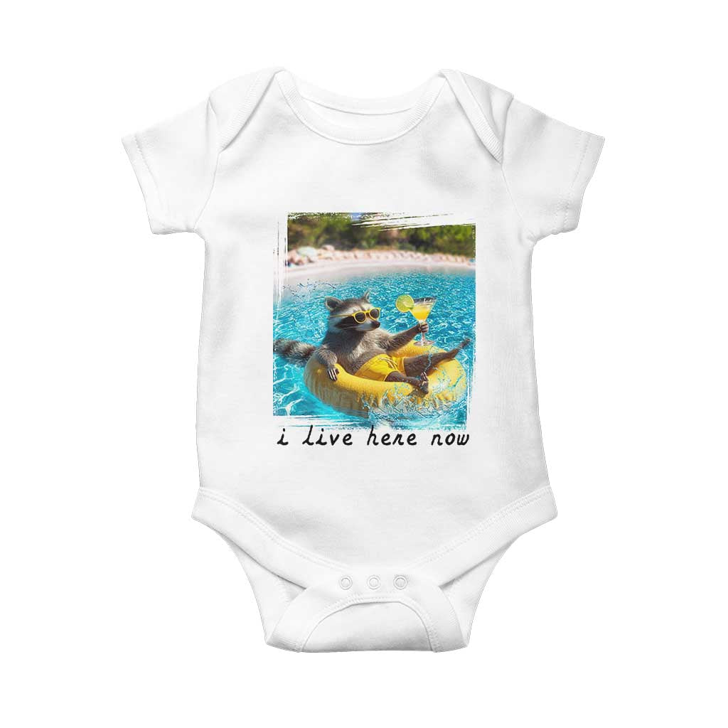 I Live Here Now Raccoon Baby Onesie Funny Summer Vacation Meme