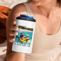 I Live Here Now Raccoon 4 in 1 Can Cooler Tumbler Funny Summer Vacation Meme
