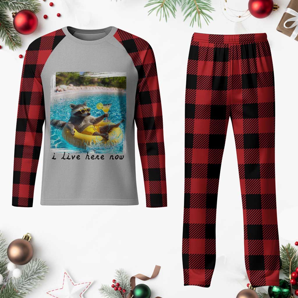 I Live Here Now Raccoon Plaid Pajama Set Funny Summer Vacation Meme