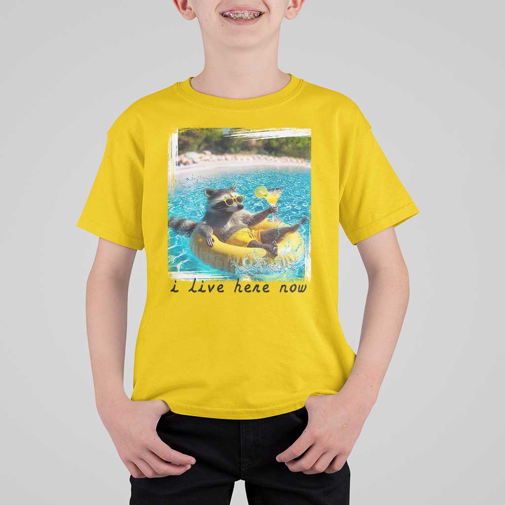 I Live Here Now Raccoon T Shirt For Kid Funny Summer Vacation Meme