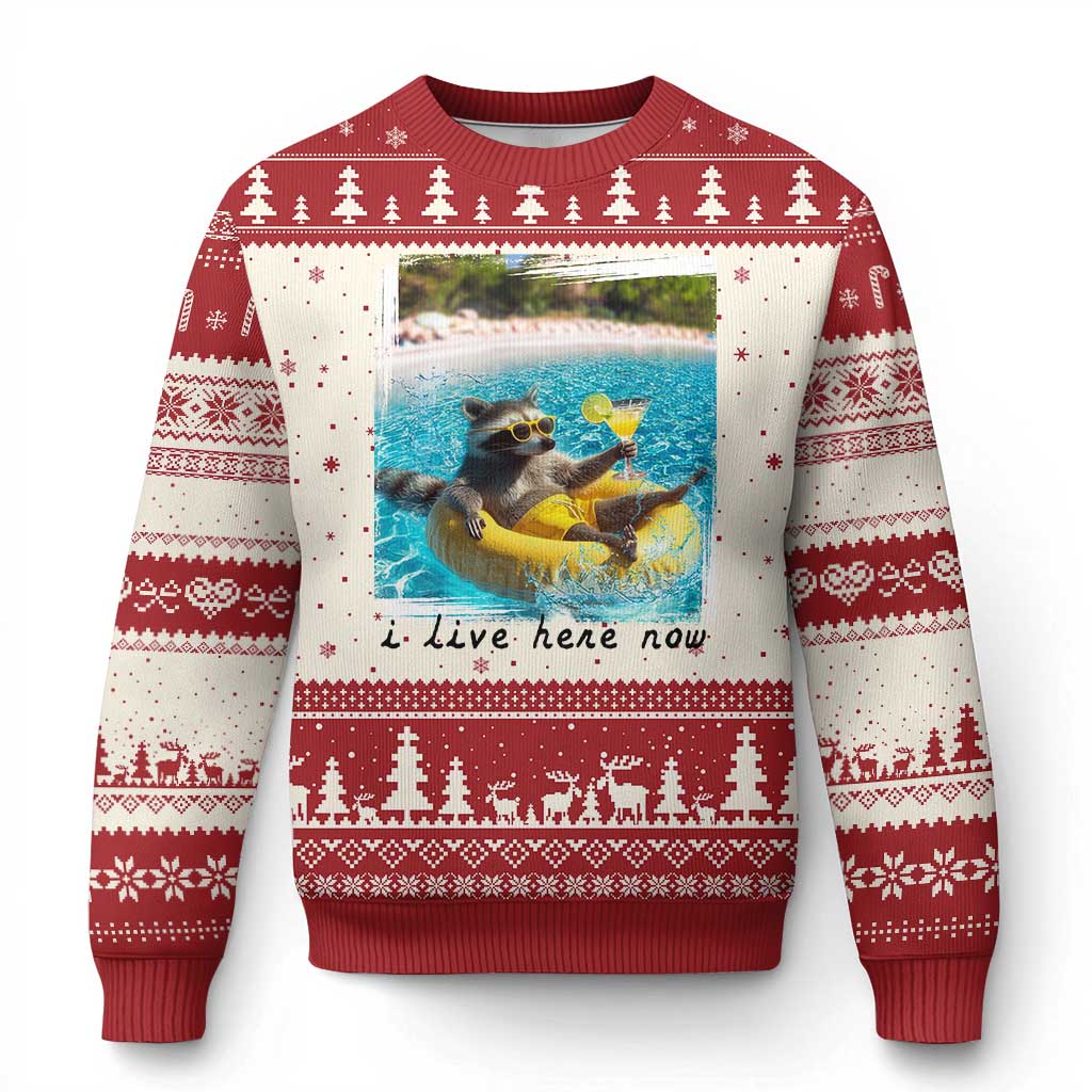 I Live Here Now Raccoon Ugly Christmas Sweater Funny Summer Vacation Meme