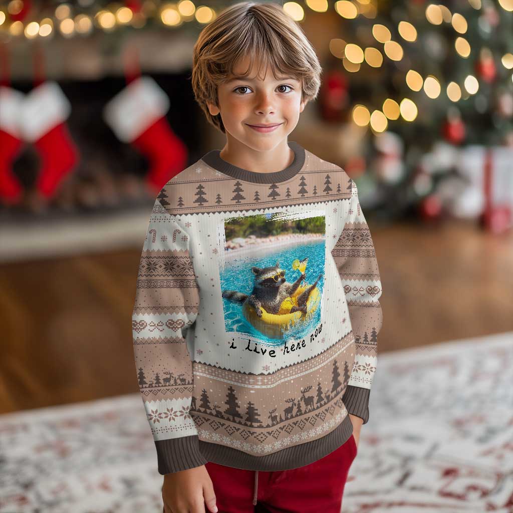 I Live Here Now Raccoon Ugly Christmas Sweater Funny Summer Vacation Meme