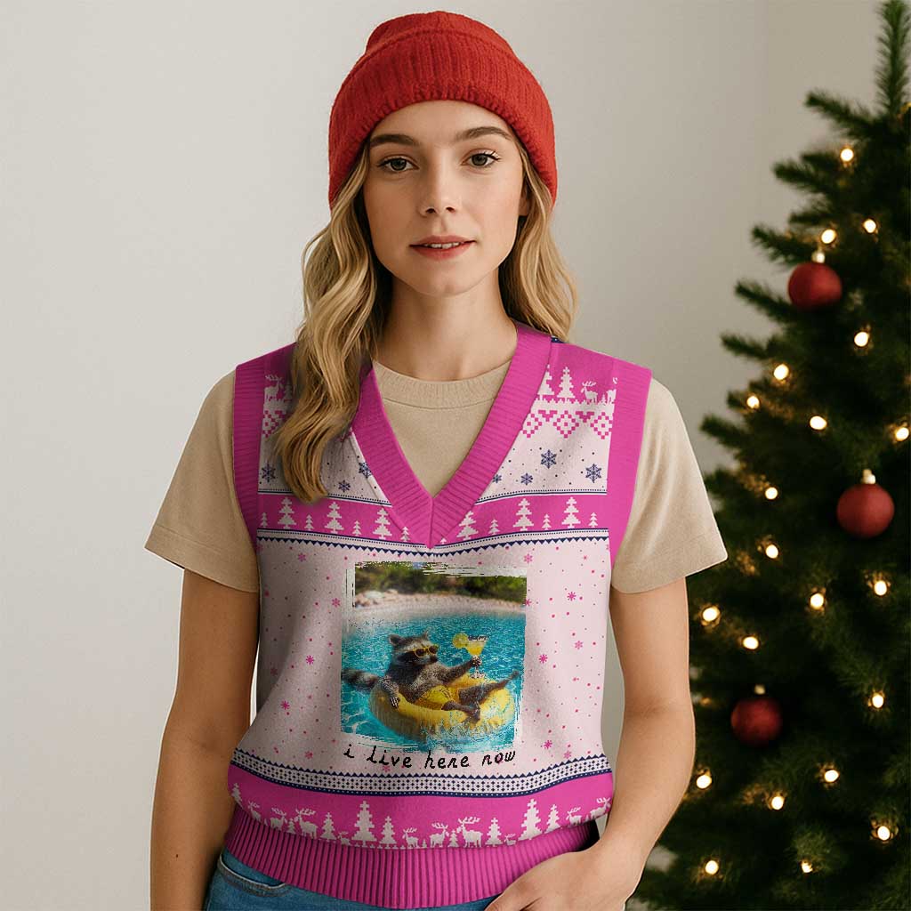 I Live Here Now Raccoon V-Neck Knit Sweater Vest Funny Summer Vacation Meme