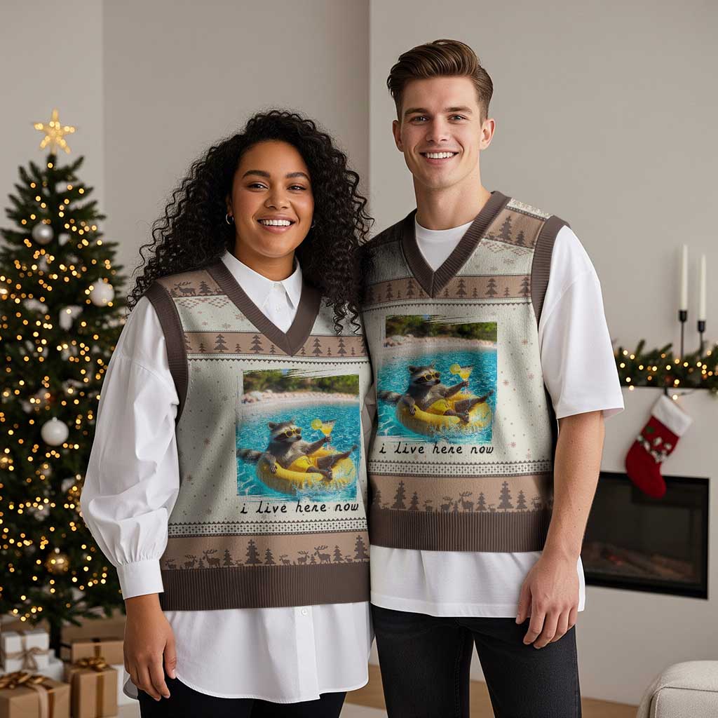 I Live Here Now Raccoon V-Neck Knit Sweater Vest Funny Summer Vacation Meme