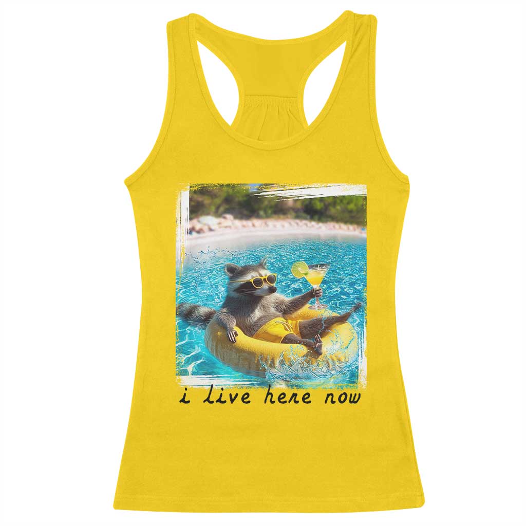 I Live Here Now Raccoon Racerback Tank Top Funny Summer Vacation Meme