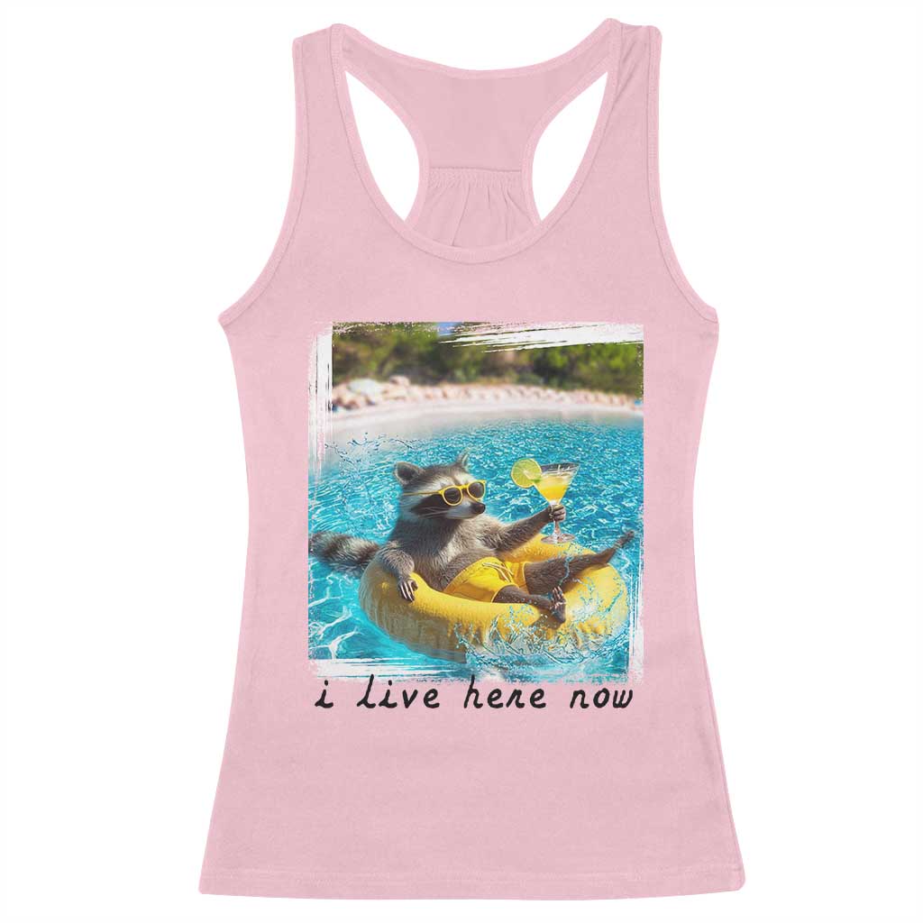 I Live Here Now Raccoon Racerback Tank Top Funny Summer Vacation Meme