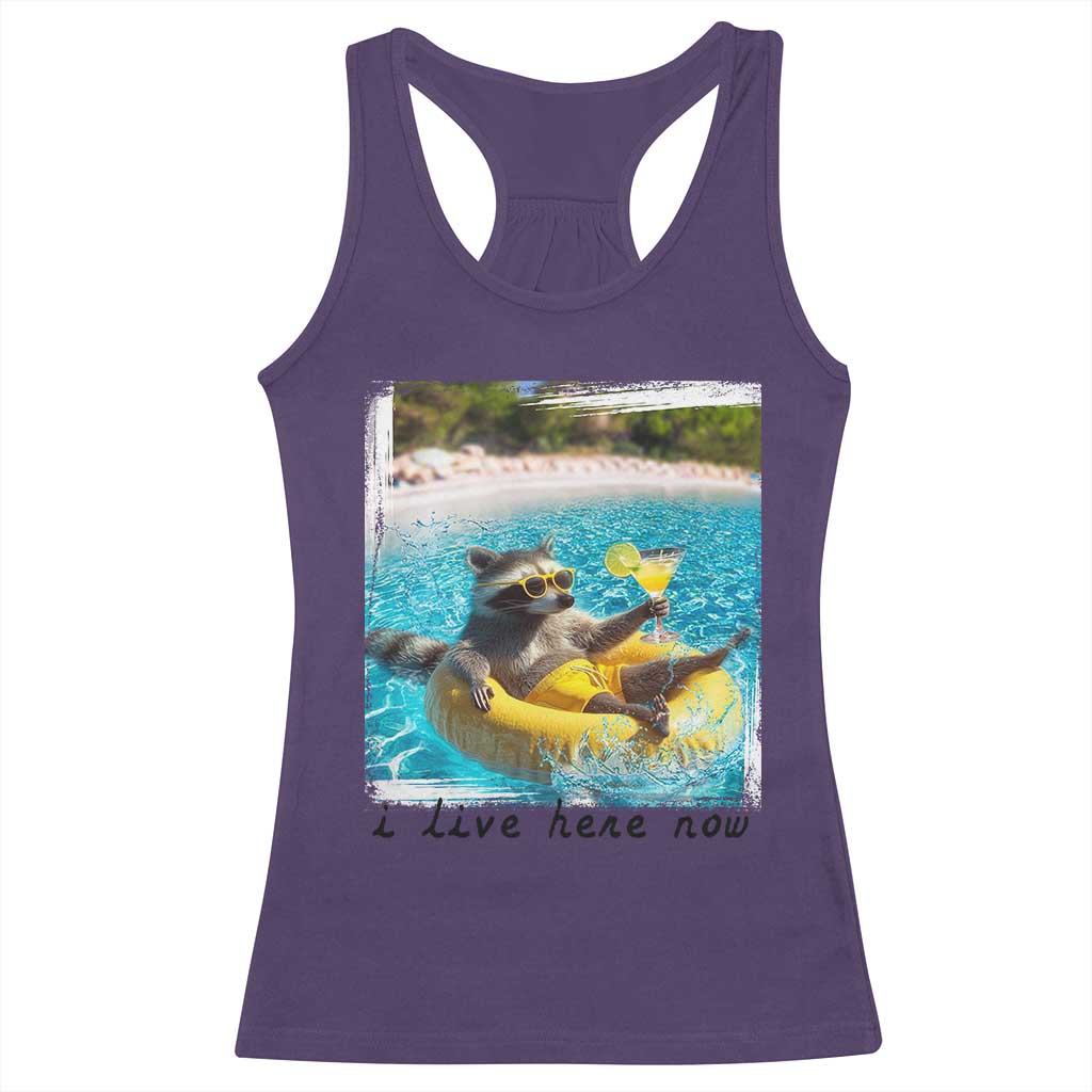 I Live Here Now Raccoon Racerback Tank Top Funny Summer Vacation Meme