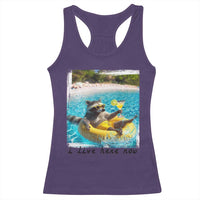 I Live Here Now Raccoon Racerback Tank Top Funny Summer Vacation Meme