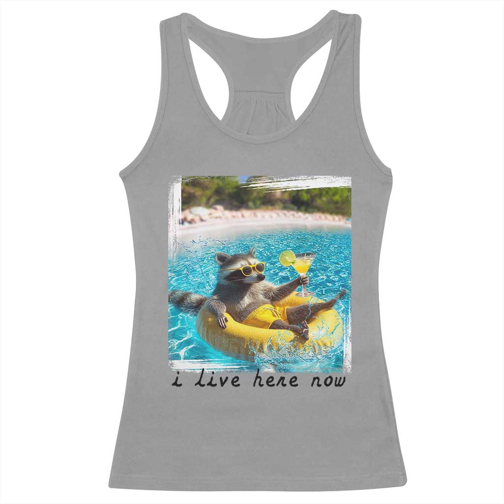 I Live Here Now Raccoon Racerback Tank Top Funny Summer Vacation Meme