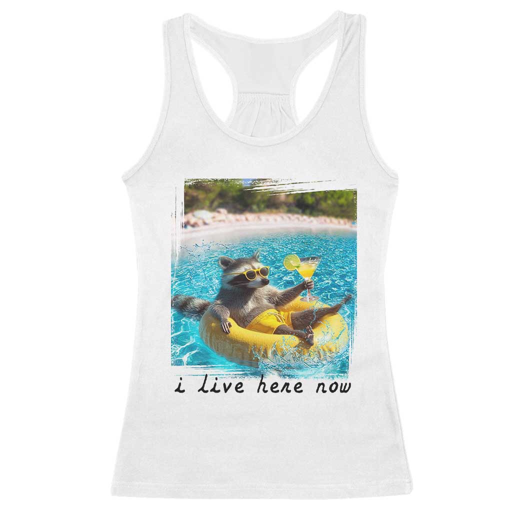 I Live Here Now Raccoon Racerback Tank Top Funny Summer Vacation Meme
