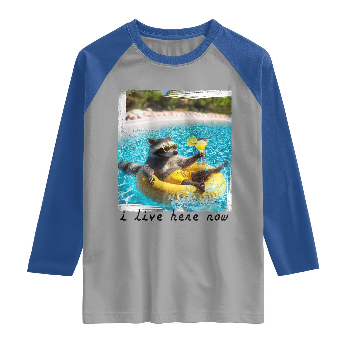 I Live Here Now Raccoon Raglan Shirt Funny Summer Vacation Meme