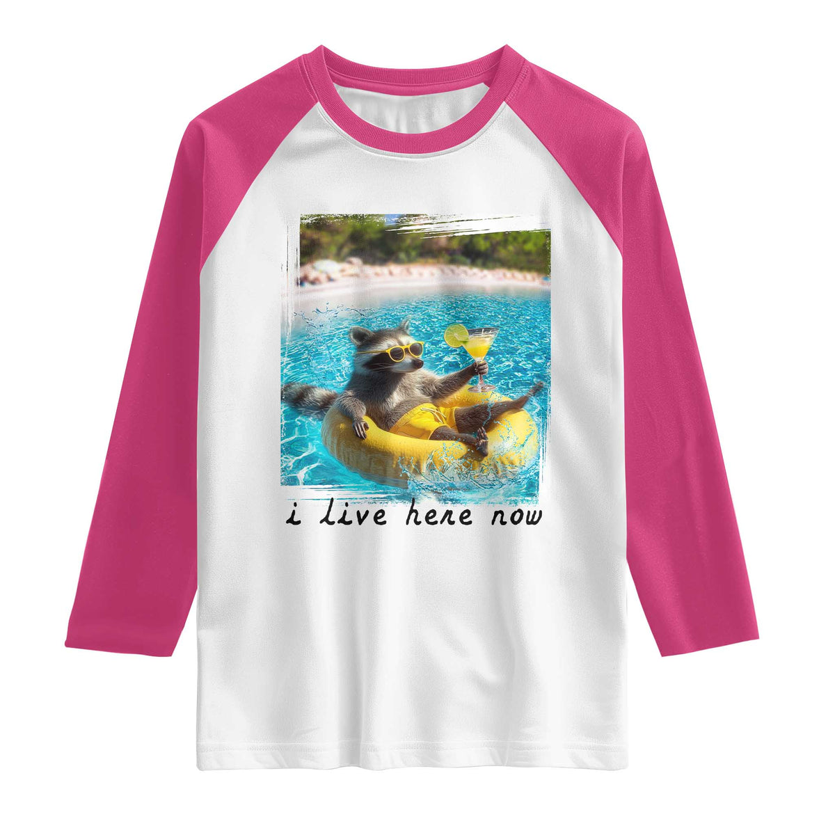 I Live Here Now Raccoon Raglan Shirt Funny Summer Vacation Meme