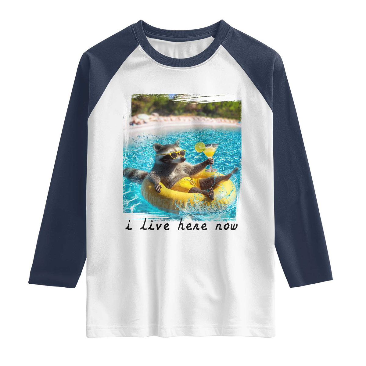 I Live Here Now Raccoon Raglan Shirt Funny Summer Vacation Meme