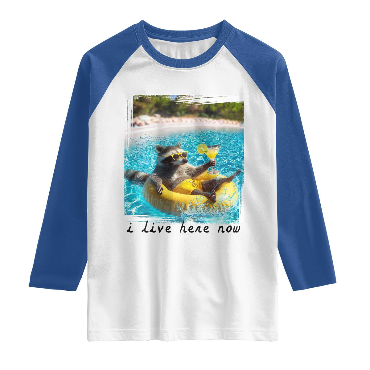 I Live Here Now Raccoon Raglan Shirt Funny Summer Vacation Meme