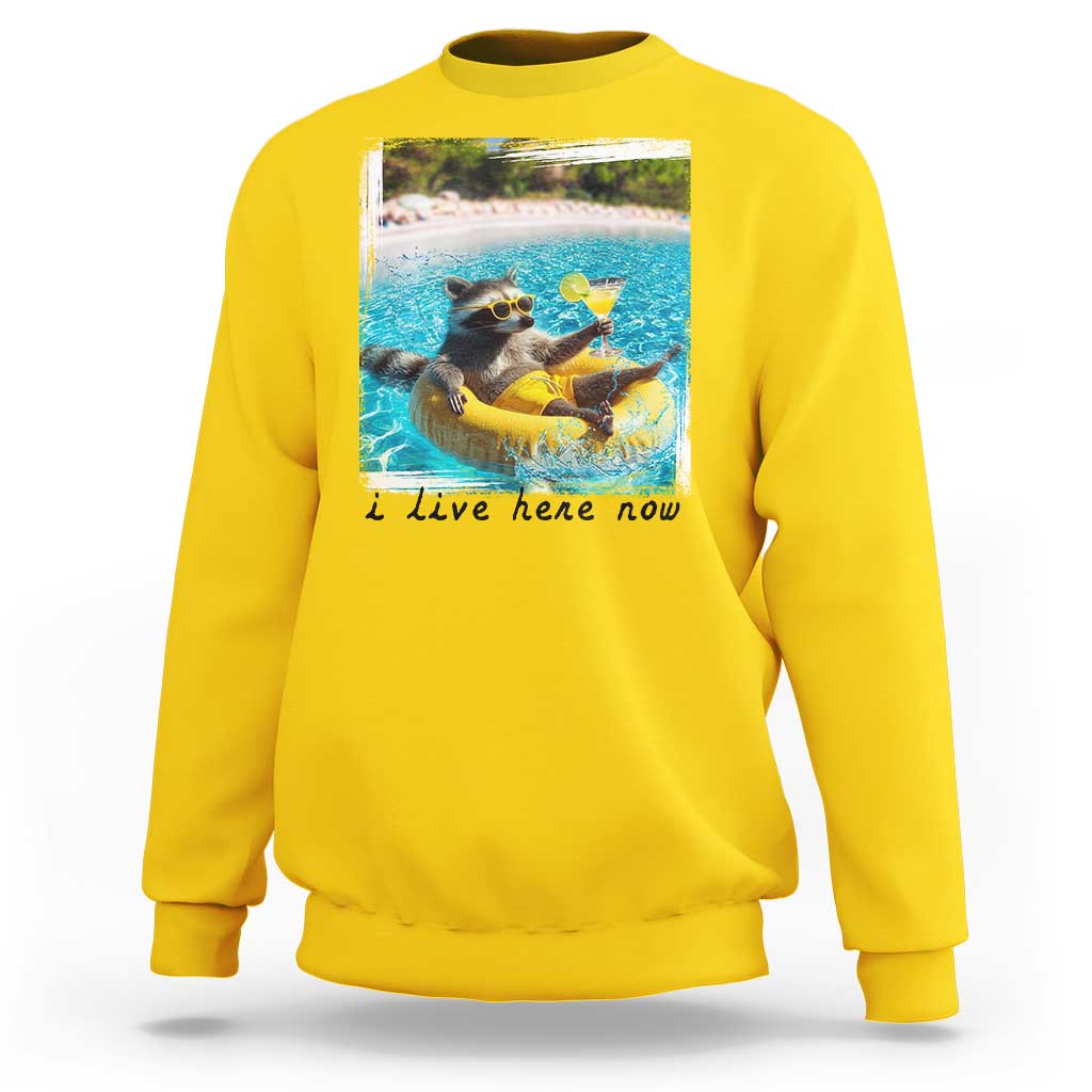 I Live Here Now Raccoon Sweatshirt Funny Summer Vacation Meme