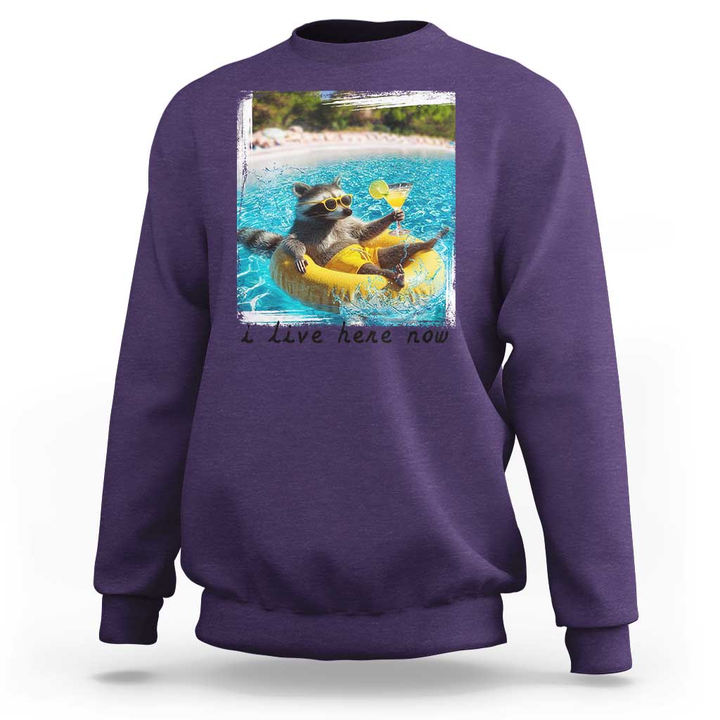 I Live Here Now Raccoon Sweatshirt Funny Summer Vacation Meme