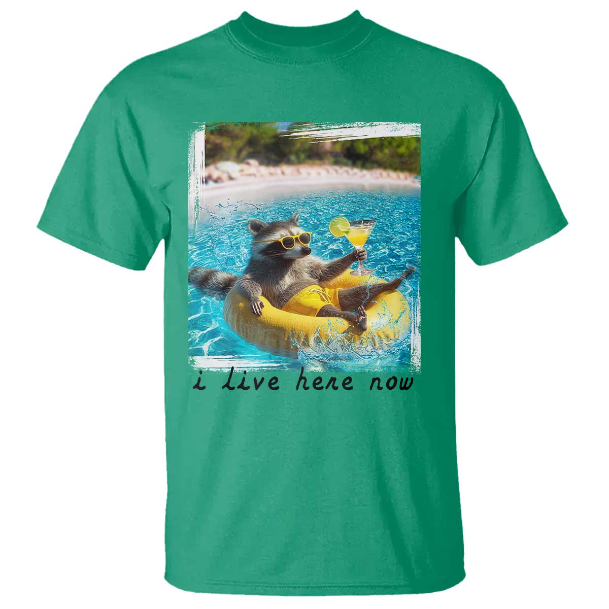 I Live Here Now Raccoon T Shirt Funny Summer Vacation Meme