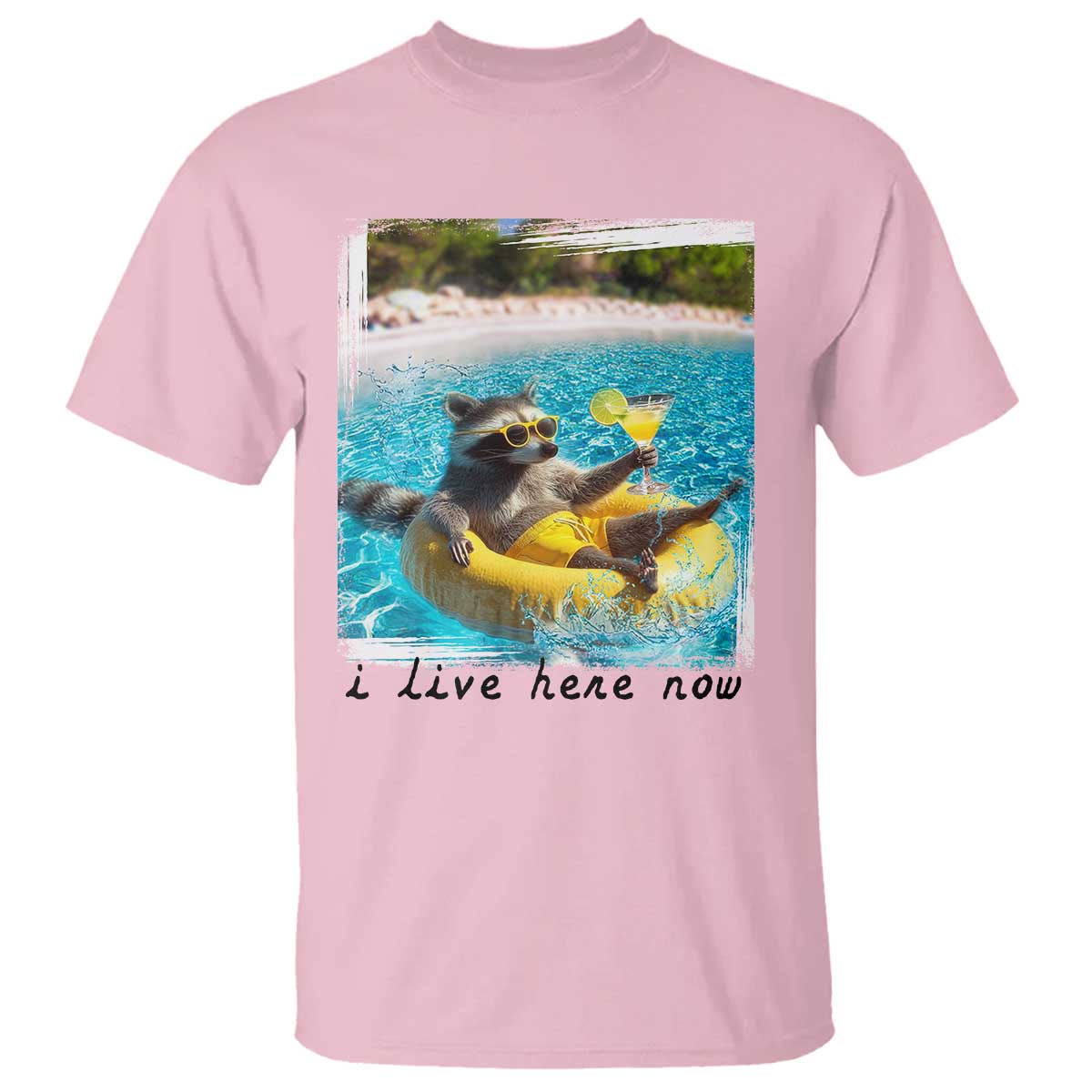 I Live Here Now Raccoon T Shirt Funny Summer Vacation Meme